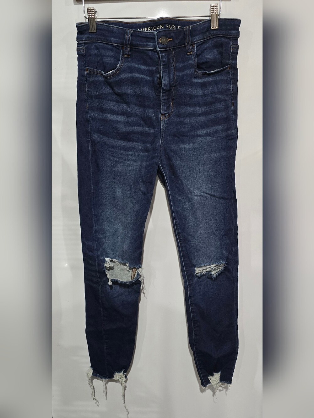 ​American Eagle Super Hi-Rise Jegging Distressed Denim Jeans Dark Wash Sz 10 Sho